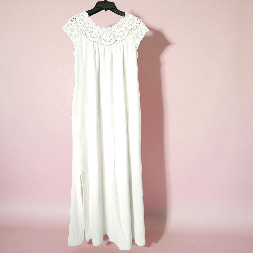 Vtg 80a Miss Elaine Terry Cloth Nightgown Maxi Dress Small White Crochet‎ Lace